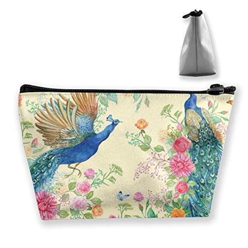 Estuche de maquillaje para mujeres y niñas, estuche organizador de artículos de tocador para tela, pavos reales y flores, pintura de acuarela a mano, bolsa de almacenamiento trapezoidal personali