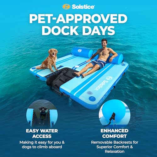 SOLSTICE PARTY PLANK 4-6 Person Rise Inflatable Dock, Floating Water Raft Platform, 7ft x 7ft - Outdoor Fun for Lake, River, Swimming Pool & Beach, Includes Backrests, Threaded Ports, Pump & Carry Bag