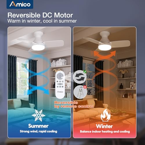 Image of Amico Ceiling Fans with Lights, 30 inch Low Profile Ceiling fan with Light and Remote Control, Flush Mount, Reversible, 3CCT, Dimmable, Noiseless, White Ceiling Fan for Bedroom, Indoor /Outdoor Use