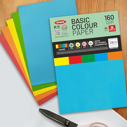 Image of Anupam 25 Sheets Colored Basic Craft Paper A4 Size 160 GSM 5 Assorted Color Paper Multi Color Card Stock Paper for Crafts, Card Making, Scrapbooking, DIY, School Supplies, Printing and Stationery