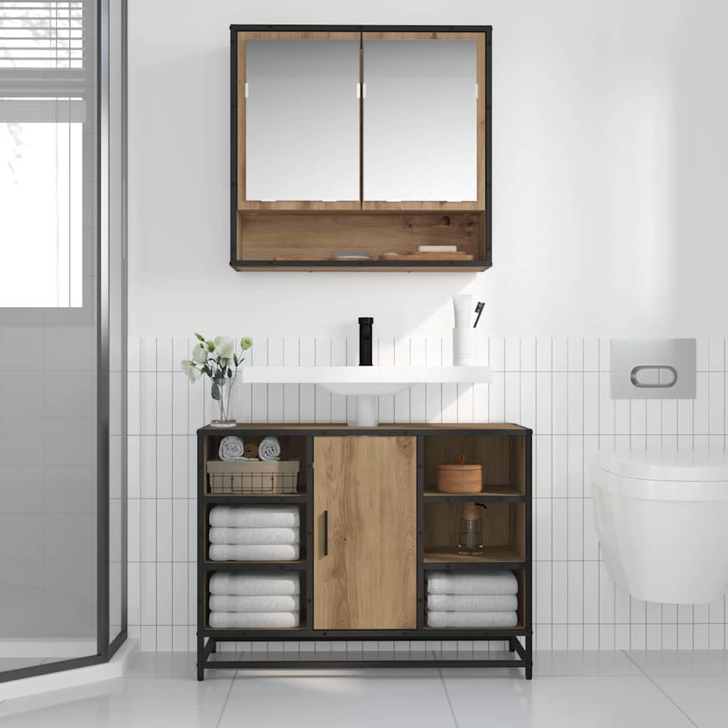 Mensola da parete con specchio e ante in rovere Artisan, 65 x 20