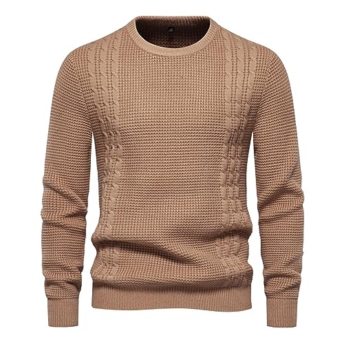 Mens Crewneck Pullover Sweater Long Sleeve Waffle Cable Knit Sweaters Casual Weave Twist Textured Sweaters