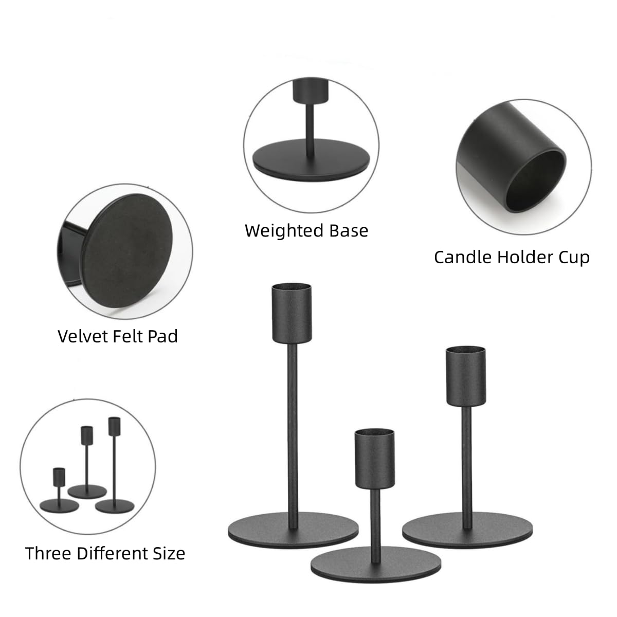 KUPOO Matte Candlestick Holders,Short Taper Candle Holders,Decorative Candlestick Holder, Black Taper Candle Holders,Metal Candle Stands for Home Decor, Wedding, Dinning, Party (Black)