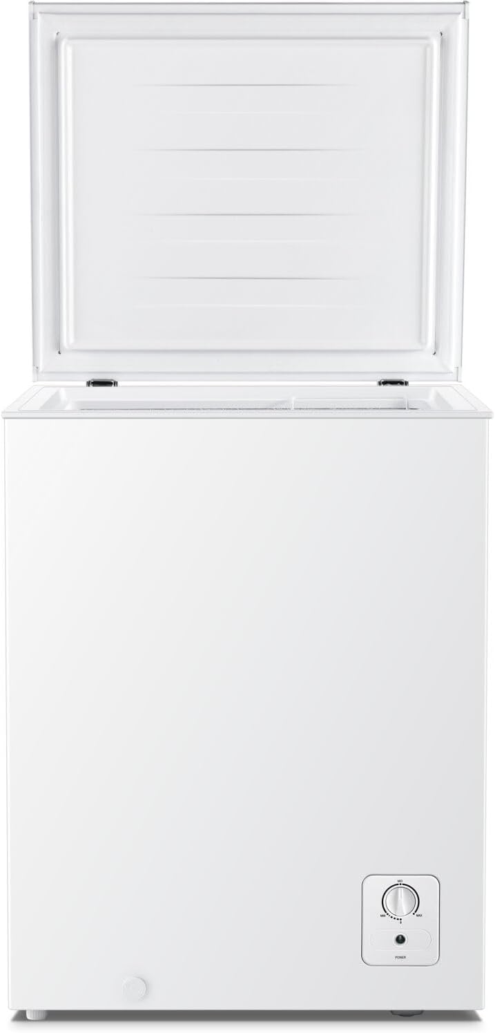 Arctic Wind 5 cu. ft. Compact Chest Freezer with lid open, showing the removable storage basket