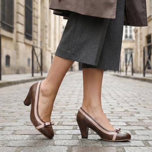 Image of Mona flying Women's Leather Chunky Pumps Dress High Heel Office Work Shoes