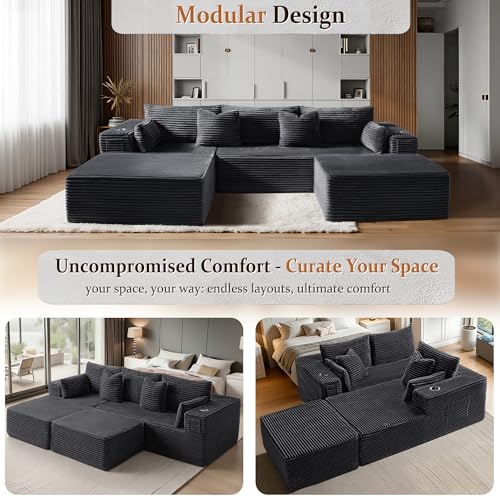 Image of 108 inch Oversized Cloud Sectional Couch, Comfort U Shaped Boneless Couch for Living Room, Extra Deep Seats No Assembly, Modular Sofa, Corduroy (Dark Grey, 2 Seater + Left Facing Chaise + Ottoman)