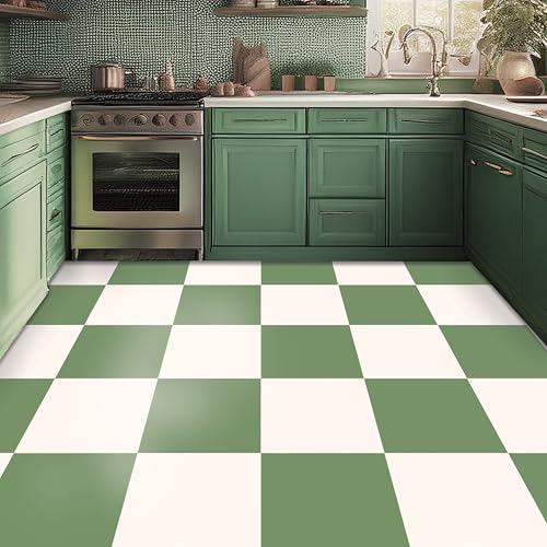 Checker Bleucoin Peel and Stick Floor Tiles Anti-Slip Vinyl Decals for Home, Kitchen, Bathroom Removeble -Friendly Flooring Pack of 12 (Sage & Off White, 6' x 6' Inches)