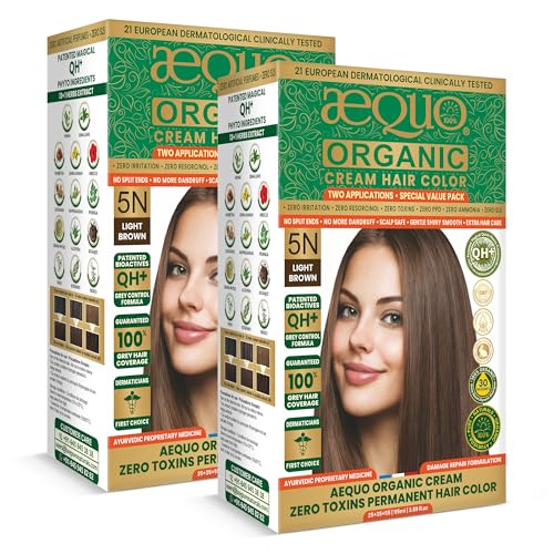 Image of Aequo Organic Cream Hair Color 5N Light Brown - Herbal-Based Hair Dye for Grey Hair Coverage | Ammonia-Free Formula | QH+ Blend | 2 Applications (115 ml Each) Pack of 2