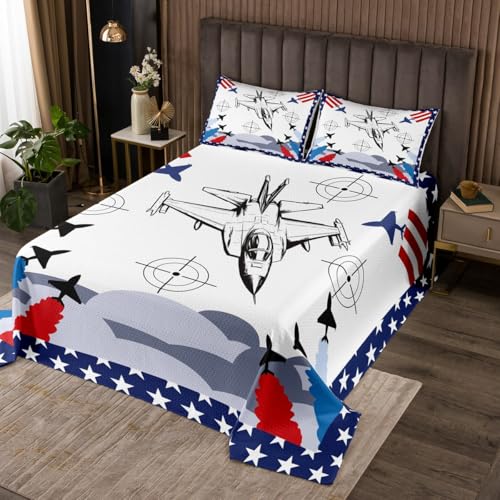 Erosebridal Fighter Jet Plane Queen Bedding Set,Navy Blue Airplane Quilt Set for Boys Girls Kids Room Decor,Aircraft Aviation Pilot Quilts Bed Set Planes Coverlet Set,2 Pillowshams