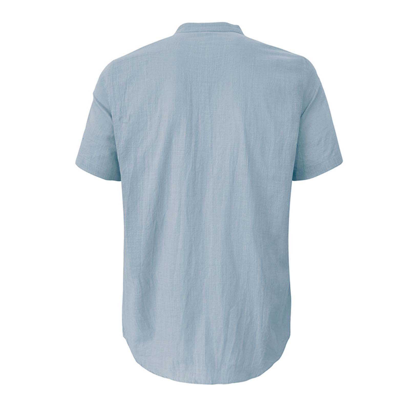 hixswnu Männer Leinen Kurzarm Shirt Casual Beach Shirts Henley T-Shirt Band Kragen Urlaub Tops mit Tasche