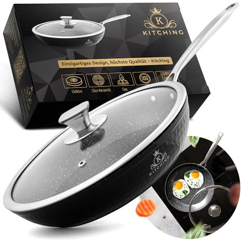 K KITCHING Pfanne Induktion [mit Deckel] Bratpfanne 28cm Antihaftbeschichtet ꟾ Kratzfest Pan ꟾ PFOA FREI & Pfannen für alle Herdarten ꟾ Öl- und fettfreies Braten ꟾ Bratpfanne 24 cm Frying Pan