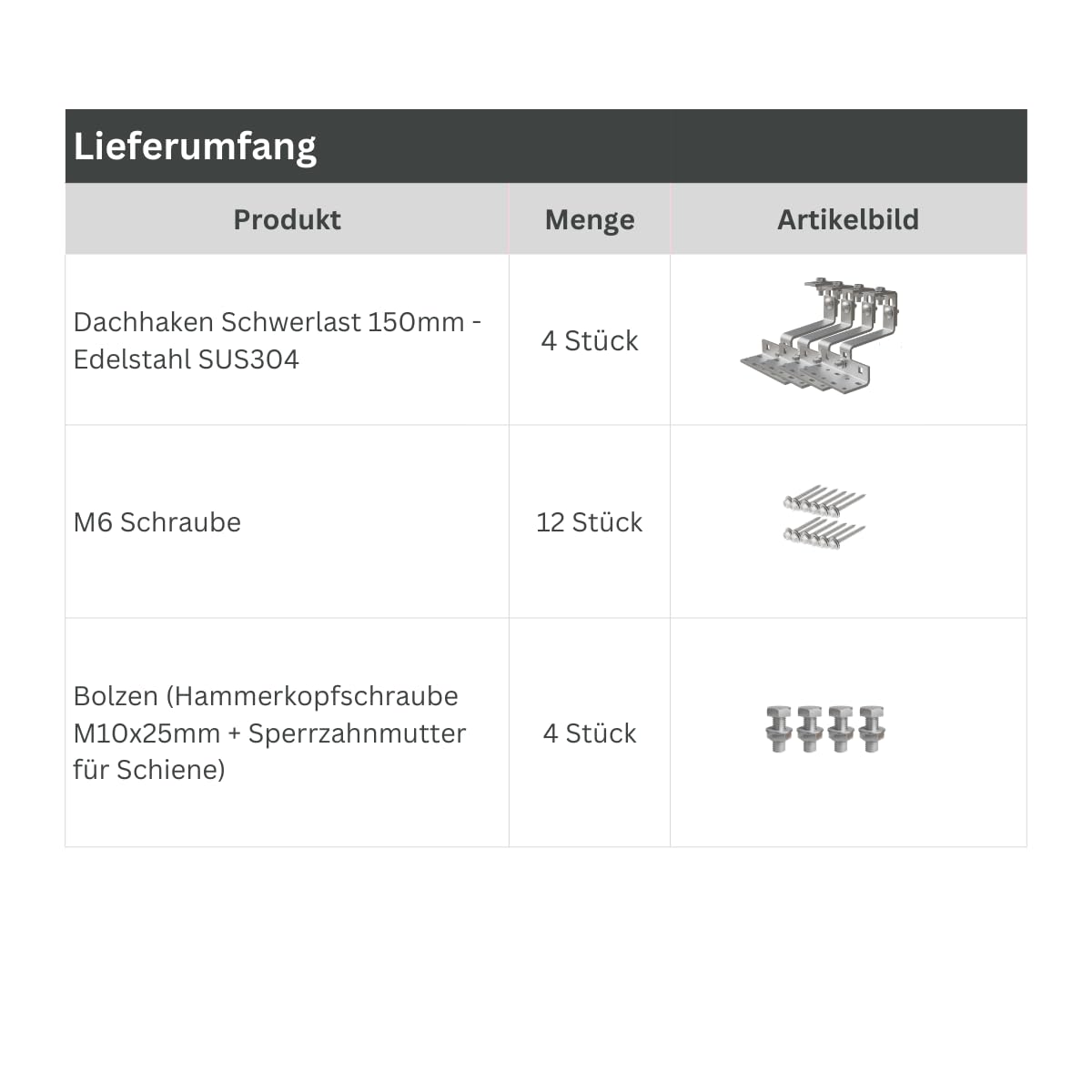 4 Stück | Premium Schwerlastdachhaken aus Edelstahl (A2) inkl. Schrauben und Bolzen | 3-fach verstellbar | Solamount