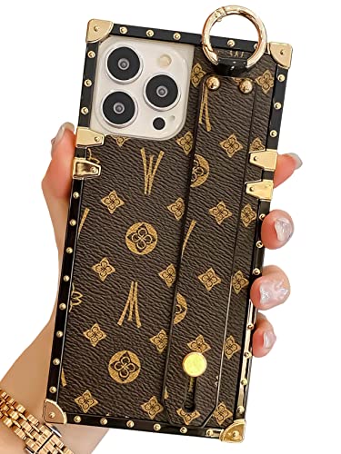 TRODINO Rectangle Leather Compatible with iPhone 14 Pro Max Case with Wristband Strap, Luxury Designer Phone Case for Women Girls, Hand Holder Kickstand Protective Bumper Cover 6.7” (Brown)
