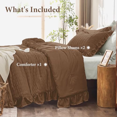 Image of JOLLYVOGUE King Size Comforter Set, 3 Pieces Oak Brown Seersucker Comforters King Size, Lightweight & Fluffy Bedding Sets King for All Season with 1 Ruffle Comforter and 2 Ruffle Pillowshams