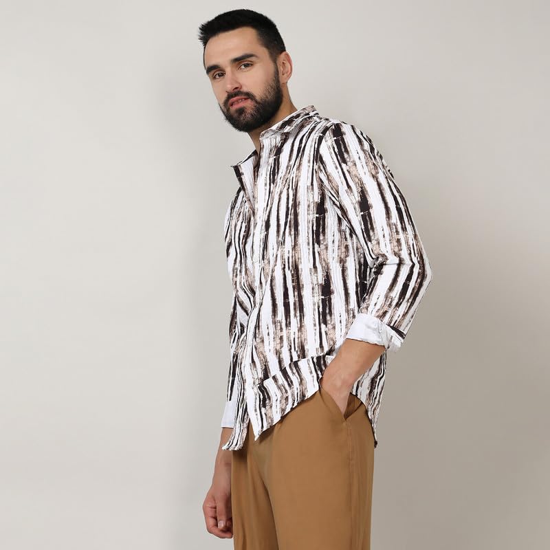 Image of CAHOOT Men's Self-Design Striped Shirt for Casual Wear | Spread Collar | Long Sleeve | Button Closure | Shirt Crafted with Comfort Fit for Everyday Wear