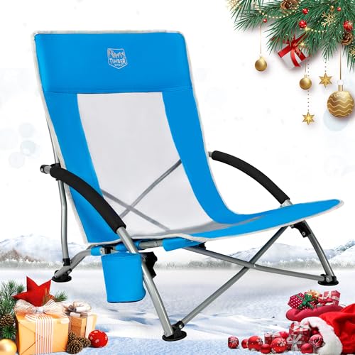 TIMBER RIDGE Low Folding Beach Chair, Folding Lightweight Camping Chair with Mesh High Backrest 150kg Capacity Carry Bag & Padded Armrest for Garden Outdoor BBQ Travel Picnic (1 PC-BLUE)