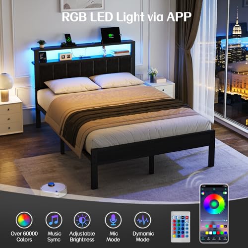 Image of OLEVS Full Size Bed Frame with LED Lights & Charging Station, Modern Platform Bed with Upholstered Storage Headboard, No Box Spring Needed Easy Assembly
