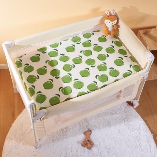 Image of TILLYOU Mini Crib Sheets Fitted 2 Pack, Pack and Play Sheets for Toddler Mattress, Soft and Breathable 38 inchx 24 inch Pack n Play Mattresses Cover, Green Apple & Fruit Green