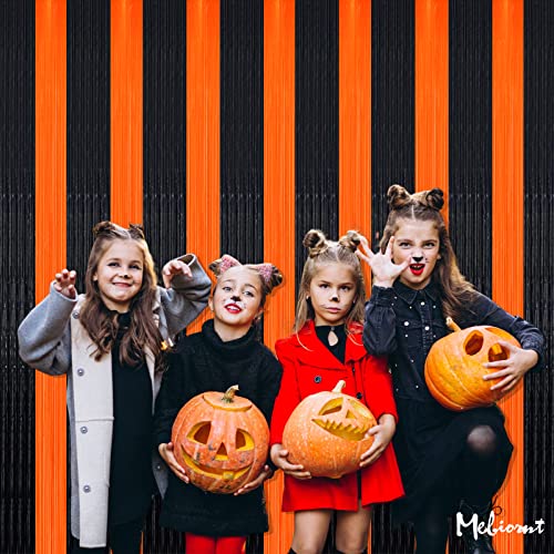 Image of 4 Pack Fringe Curtain Backdrop, 3.2Ft x 9.8Ft Black Orange Metallic Tinsel Foil Fringe Streamers Background for Photo Booth Birthday Wedding Baby Shower Carnival Easter Mother's Day Party Decorations