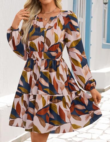 ZESICA Fall Wedding Guest Dresses for Women 2025 Casual Long Sleeve Floral Boho V Neck A-Line Mini Dress with Pockets2