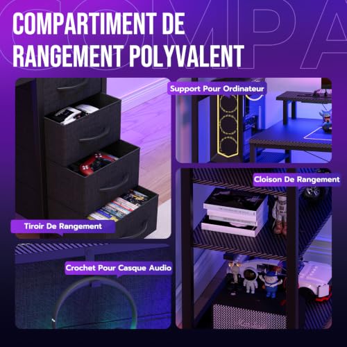 YOUDENOVA Table de Jeu avec éclairage LED et Prise, 130 x 50 cm, Bureau d'ordinateur avec tiroirs, Fibre de Carbone, Noir – vue 7