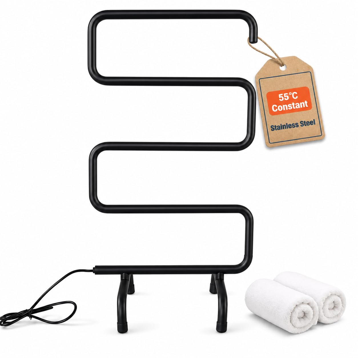 Toallero con calefacción, toallero eléctrico Independiente para baño, Acero Inoxidable, Temperatura Constante de 55 ℃ Black