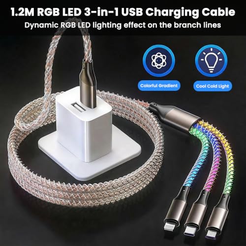 Image of Verilux 3-in-1 RGB LED PD 66W Type C Cable Fast Charging 3.9FT, 480Mbps Data Transmission C Type Charger Cable with C Connector, USB to Lighting, USB to Micro A for iPhone 17 /16 /15, Galaxy S25 /S24