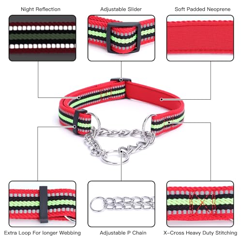 Alainzeo Reflective Martingale Dog Collars, Adjustable Soft Neoprene Padded Breathable Nylon Pet Collar for Puppy, Medium and Large Dogs,Rose Red,M