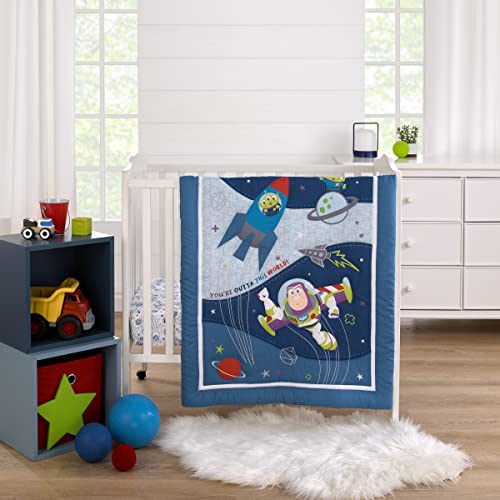 Image of Disney Toy Story Outta This World Blue, Red, and Green Buzz Lightyear and Alien 3 Piece Nursery Mini Crib Bedding Set - Comforter and Two Fitted Mini Crib Sheets