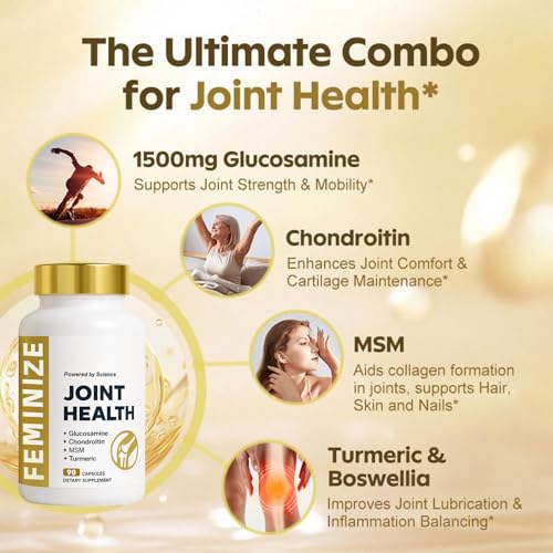FEMINIZE JJoint Health Supplement for Women & Men, Supports Bone, Joint - Glucosamine, Chondroitin, MSM & Turmeric - 90 Capsules (1pcs) - Image 4