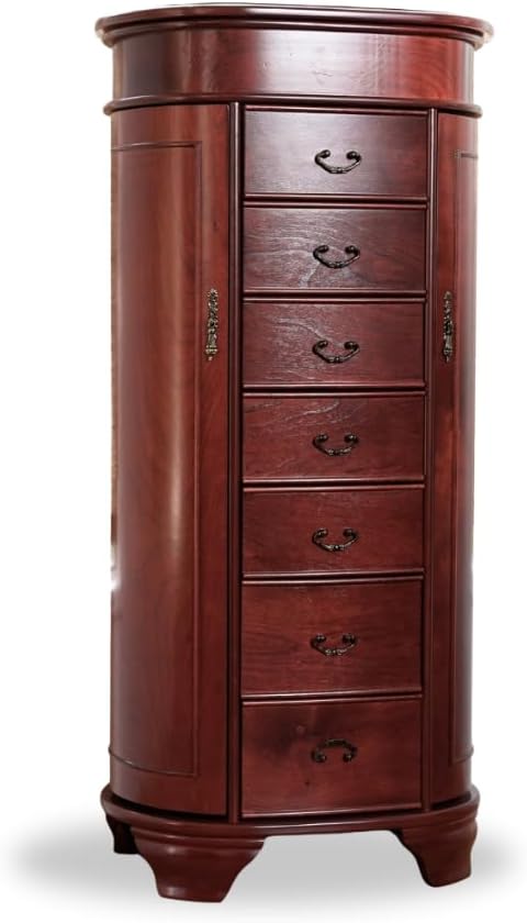 Hives and Honey Daley Oval Jewelry Armoire, Stylish Standing Organizer with Mirror, 7 Drawers, 20 Necklace Hooks, Anti-Tarnish Lining, Divided Storage, Cherry