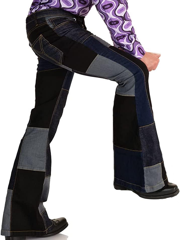 Men's Jeans Patch Flared Trousers 70s Outfits Bell Bottom Disco Denim Pants,Vintage Patch,Used Look4