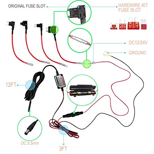 Image of NUNET 15ft Car Dash Cam Hardwire Kits,DC 5.5mm Head Charge Cable Tools w. Mini(ACS) /LP Mini(ACN) /ATO(ATC or ACU) /Micro2(ACZ) Fuse for NuCam WR & Galaxy Projector etc