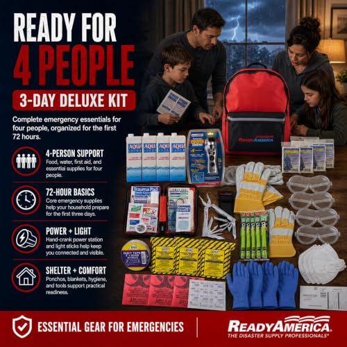 Ready America 72 Hour Deluxe Emergency Kit, 4-Person 3-Day Backpack, First Aid Kit, Survival Blanket, Power Station, Emergency Food, Portable Disaster Preparedness Go-Bag for Earthquake, Fire, Flood - Image 2