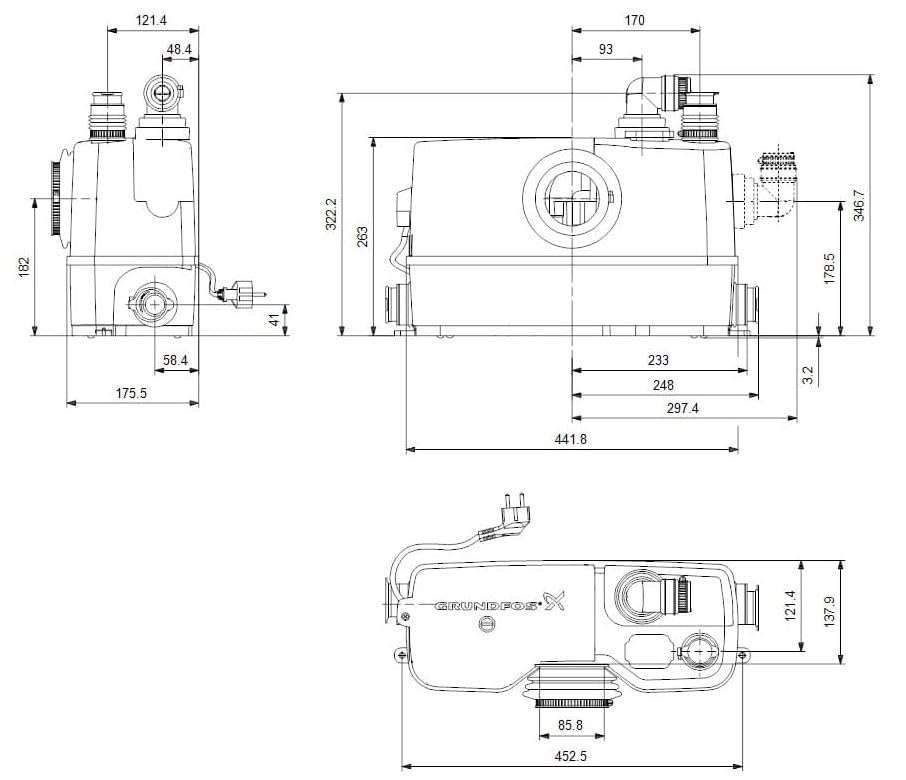 Sololift2 WC-3 Hebeanlage Abwasserhebeanlage, Weiß, Metall, Industrial Compact, Kleinhebeanlage, 452 x 175 x 263 mm, 230 V AC, 640 W, EN 12050-3, 50°C, 22-40 mm Rohrleitungsaußendurchmesser
