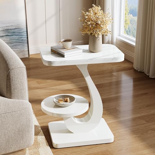 Tribesigns C-förmiger Beistelltisch Mit 2 Ebenen, Schmaler Sofa-Beistelltisch Mit Marmoroptik Tischplatte, Moderner Nachttisch Für Wohnzimmer Und Schlafzimmer, Weiß, 50 x 30 x 60 cm (1)