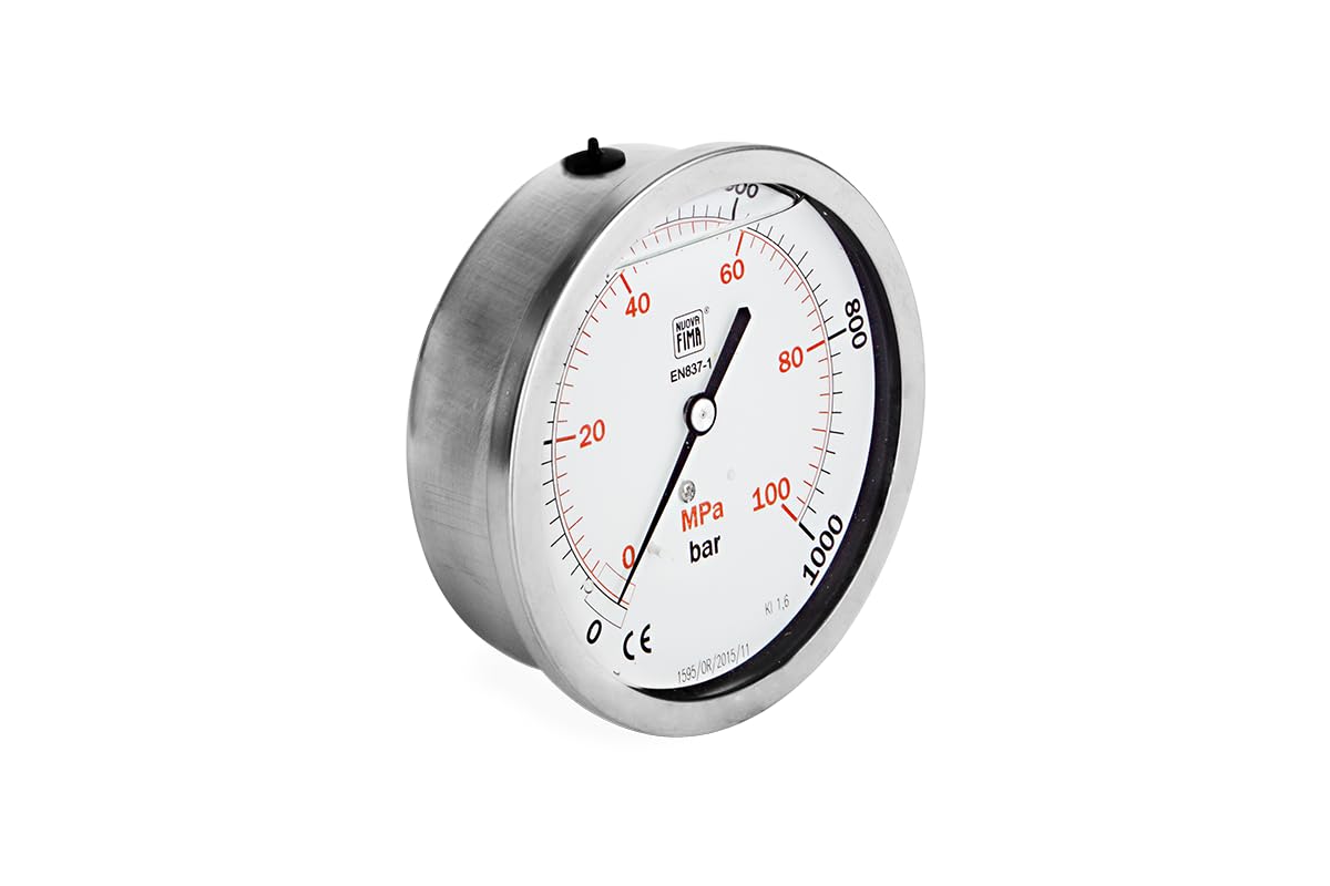 Hydraulik Manometer DN100 Glyzerin Gefüllt 100mm Hydraulische Druckmessgerät Manometer Glyzerin Messgerät Glycerin Manometer mit rückseitigem Anschluss EKS 1/2” 0-1000 BAR M100TL1/20-1000