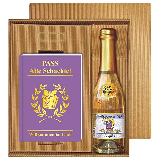 AV Andrea Verlag Willkommen im Club der Alten Schachtel, ultimative Pass für alte Schachteln mit Piccolo Sekt 22 Karat Blattgold 0,2 l 10% vol. im Geschenke Set