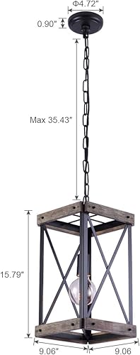 Miniatura 2 de VILUXY Vintage Pendant Light, Classic Single Light Hanging Pendant Lighting, Black Metal Cage and Wood Shade, for Farmhouse, Entryway, Dining Room,