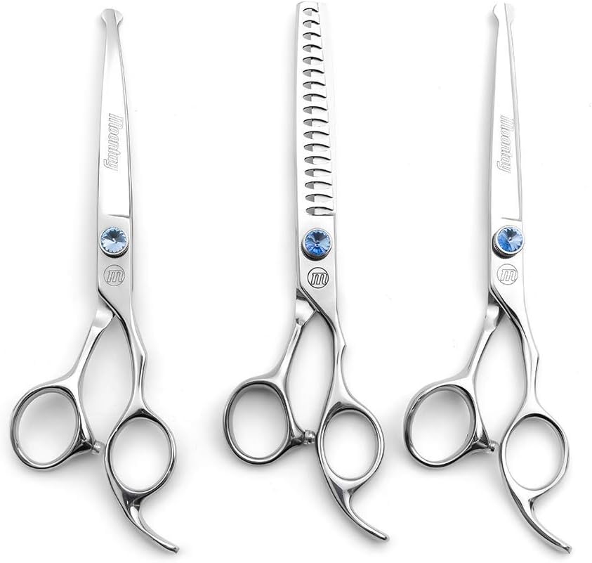 Moontay Professional Dog Grooming Straight, Curved, Thinning/Blending/Chunking Scissors Kit, JP-440C Stainless Steel Pet Cat Hair Cutting/Trimming Shears, Silver