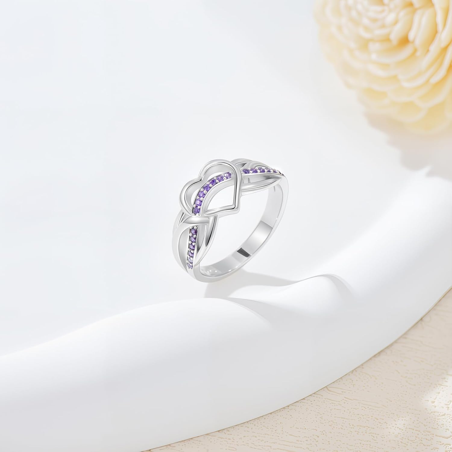 Celtic Knot Heart Rings with Amethyst Birthstone 925 Sterling Silver Twisted Infinity Statement Ring for Women - Image 2