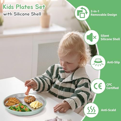 MEUIS Suction Toddler Plates Set with Lids - Divided Stainless Steel Kids Plates with Dividers Silicone Baby Dishes 7.8 inch (8 Pack Sets) by MEUIS - Image 2