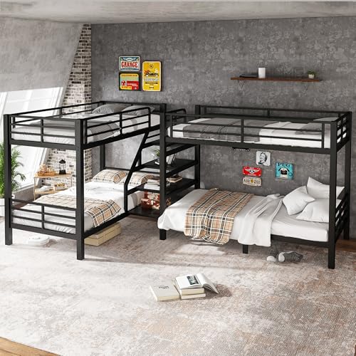 Bellemave Corner Quad Bunk Bed with Storage Stairs, L-Shaped Twin Size Bunk Bed with Headboard and Full Length Guardrails, Quad Bunk Beds for 4, Noise-Free Gesign, Black