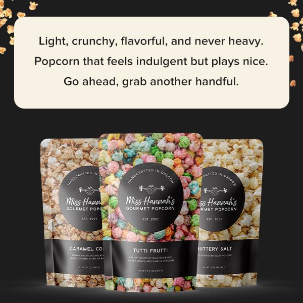Miss Hannah's Gourmet Popcorn Starter Pack - Sea Salted Brulee, Bridge City Mix, Pickles & Popcorn - Non-GMO, Sweet & Savory Snack Box for Gifting or Sharing - 3 Pack Artisan Popcorn Gift Set