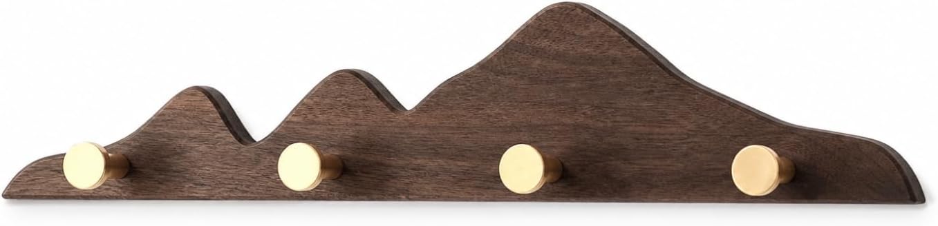 Wall Hook Rack with Brass Hooks Mountain Hook Rack Clothing Hooks for Bedroom, Small Apartments, Walnut