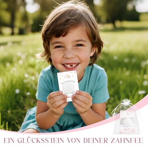 BOFUNX Zahnfee Geschenk, Glücksstein + Zahnfee Karte + Organzasäckchen, Mädchen Zahnfee Geschenk Andenken