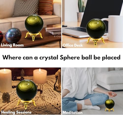 Image of Certified Golden Sheen Obsidian Crystal Ball for Meditation - Premium Crystal Vastu Items for Home and Feng Shui Items for Good Luck - Ideal for Pooja Supplies and Spiritual Practices (2 inch Inch)