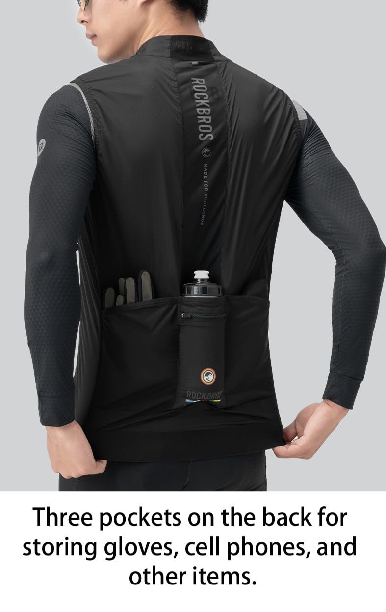 ROCKBROS Road to Sky Gilet da Ciclismo Uomo, Gilet Uomo Sportivo Antivento, Asciugatura Rapida, per Running, Bicicletta, Bici da Corsa, MTB, Gravel, Smanicato, Nero