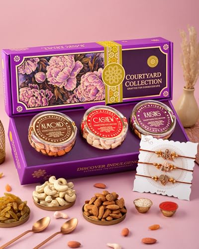 Image of Hyperfoods Rakhi with Dry Fruits Gift Box 375g (Gross Weight 590g) RawFruit Courtyard Collection Pack of 3 Dry Fruits Box Rakhi Gift Set for Brother Rakhi Set of 3 Rakhi Gifts for Brother