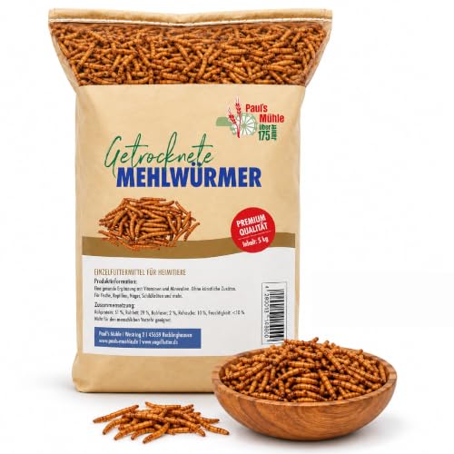 Paul´s Mühle - 5 kg Mehlwürmer getrocknet für Vögel, Wildvögel & Hühner | Proteinreiches Vogelfutter & Insektenfutter für Hamster, Teichfische, Reptilien & Igel - Getrocknete Würmer 51% Proteinanteil